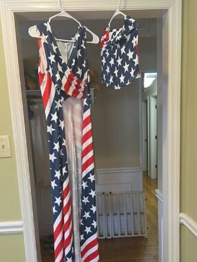 Patriotic Stars & Stripes Maxi Dress with Matching Bottoms - Red, White & Blue